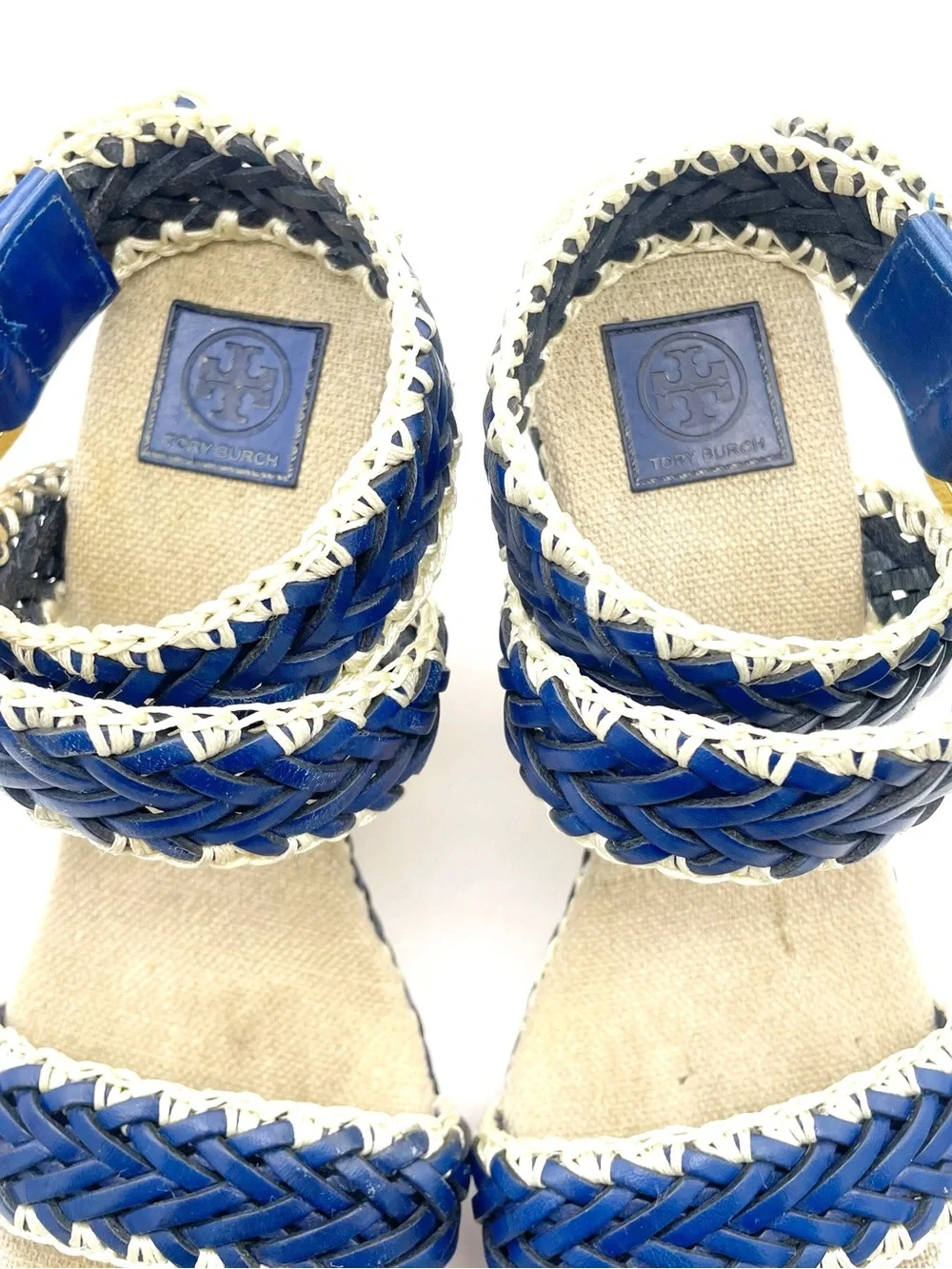 Tory Burch Lilah Espadrille Wedge Sandals Size 37 Cobalt Natural Braided Leather